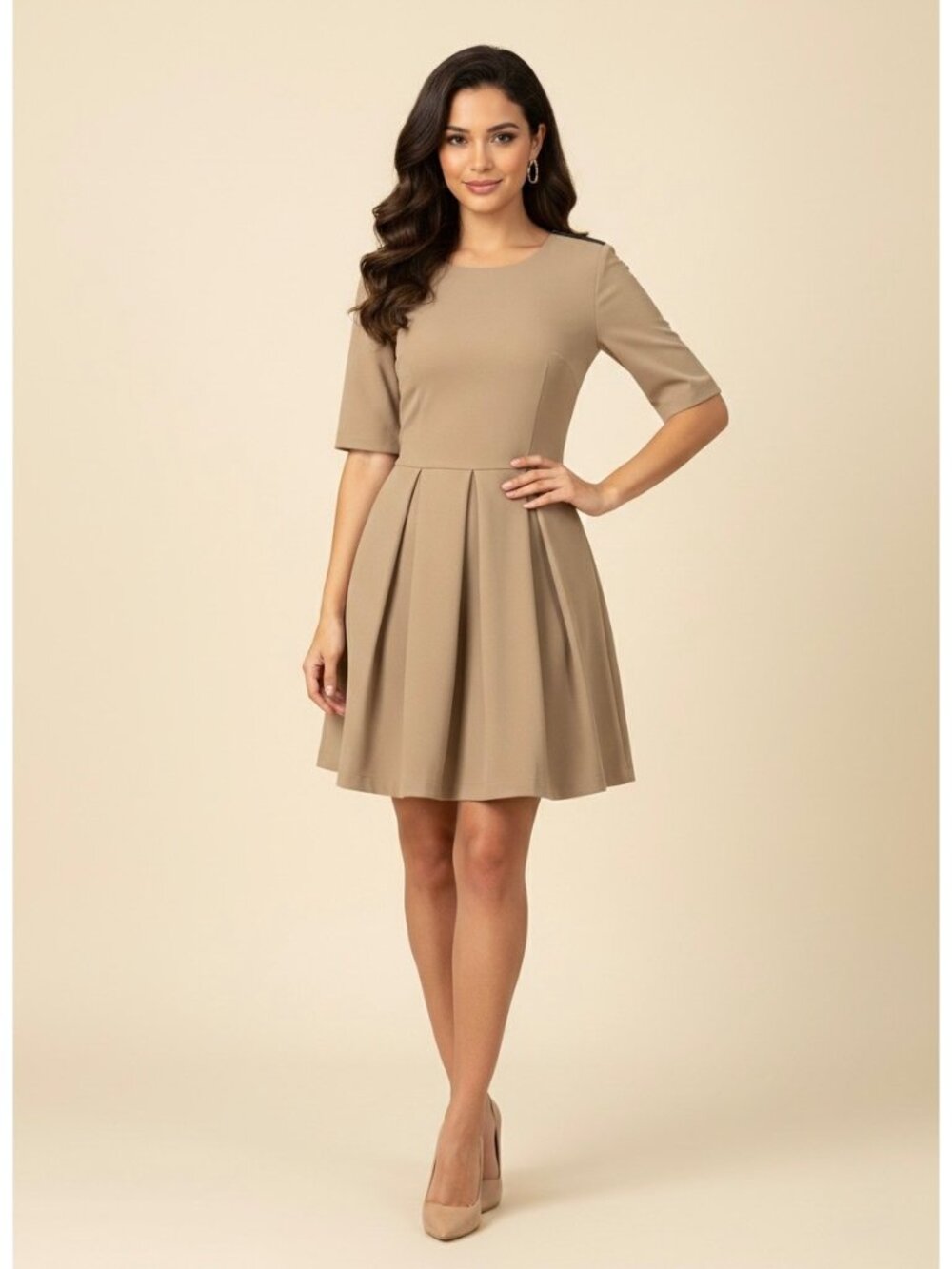 NWT ABS Tan Pleated A-Line Woven Mini Dress 2| Office Siren Dark Equestrian Twee